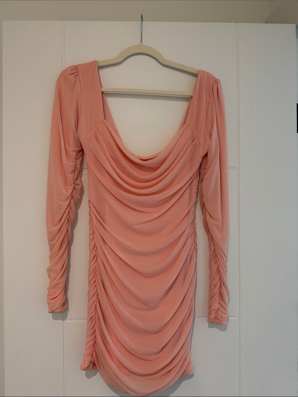 Oh Polly Peach Ruched Cowl Long-Sleeve Bodycon Dress